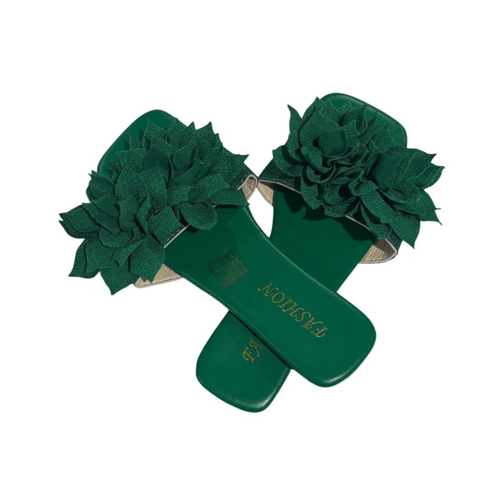 Fashion Emerald Green 3D Floral Square Toe Flat Slide Sandals Womens Size 36 - Picture 6 of 7